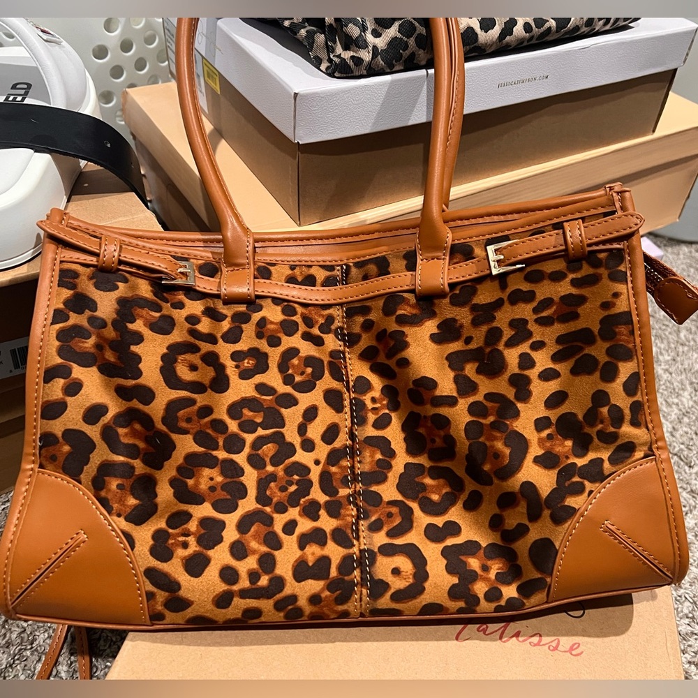 Leopard Print Brown Leather Tote Bag